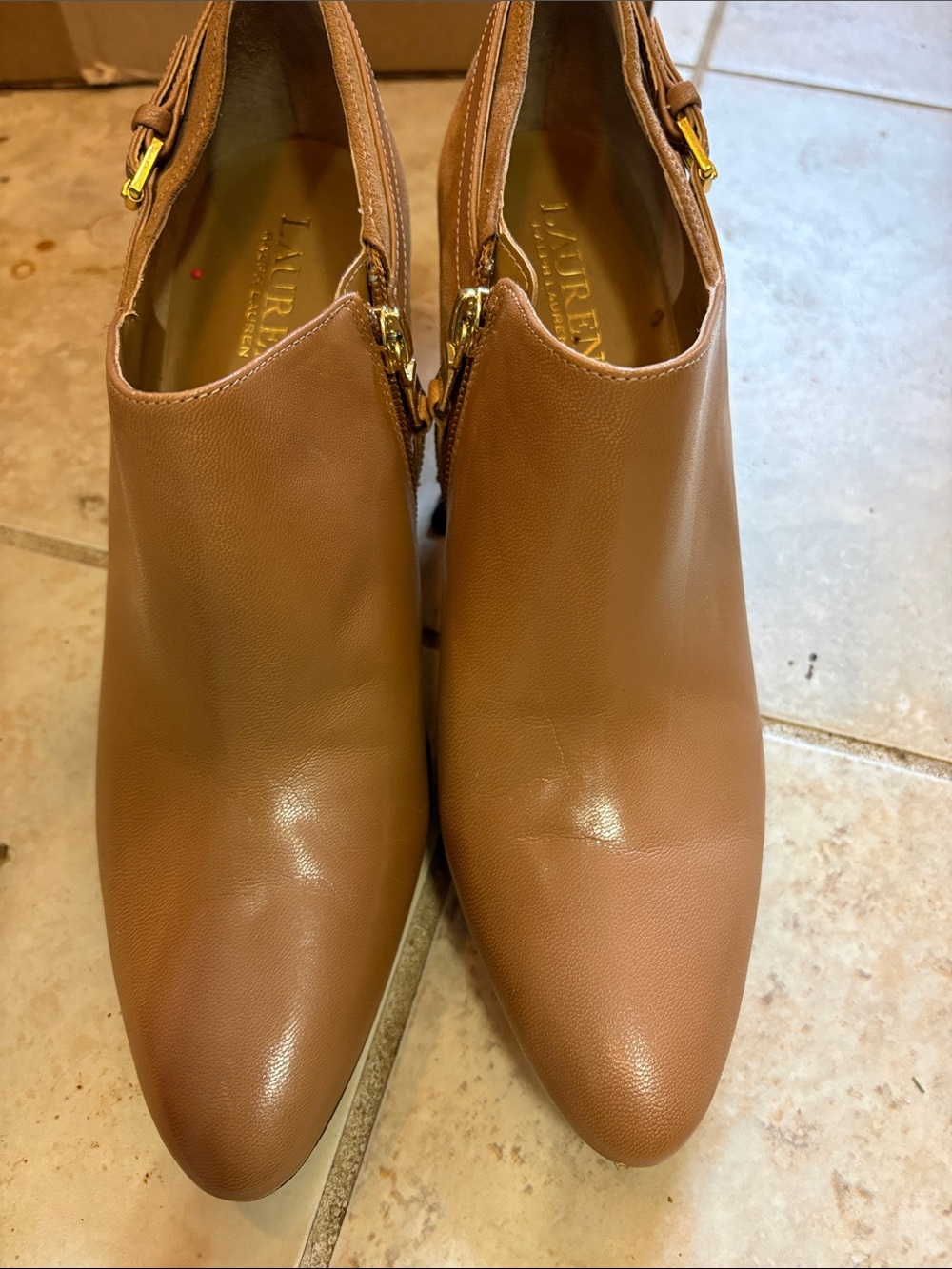 Lauren Ralph Lauren Cognac Leather Ankle Booties with Gold Buckle